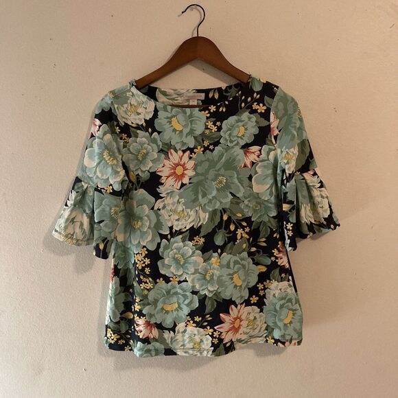 Charter Club Tops - CHARTER CLUB black muilticolor floral round neck short flared sleeves top PM